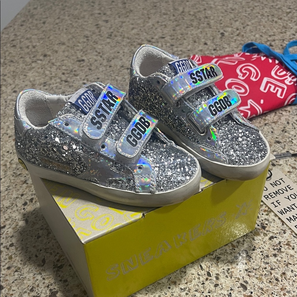 Golden Goose Kids Silver Glitter Velcro Sneakers with Holographic Straps size 23